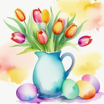 Table with vase of tulips, colorful Easter eggs. Basket of eggs and vase of tulips on kitchen table near window. Happy Easter greeting card, banner, festive background. Blurred background. Copy space