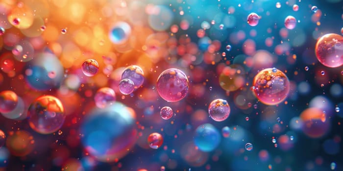 Numerous bubbles floating freely in the air, colorful and translucent against the sky.