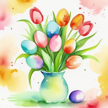 Table with vase of tulips, colorful Easter eggs. Basket of eggs and vase of tulips on kitchen table near window. Happy Easter greeting card, banner, festive background. Blurred background. Copy space