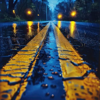 A wet street with a bright yellow line painted down the center, reflecting the surrounding lights.