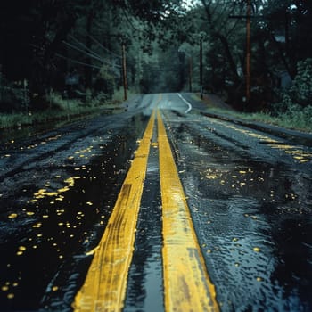 A wet road surface marked with a bright yellow line in the middle.