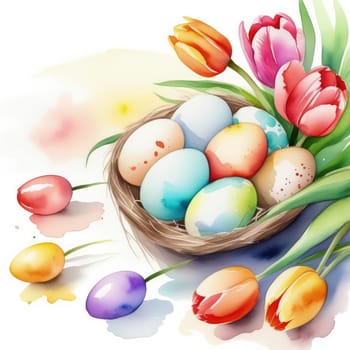 Holiday celebration banner with colorful tulips, spring flowers and colorful decorated Easter eggs on light background. Happy Easter greeting card, banner, festive background. Close up, Copy space