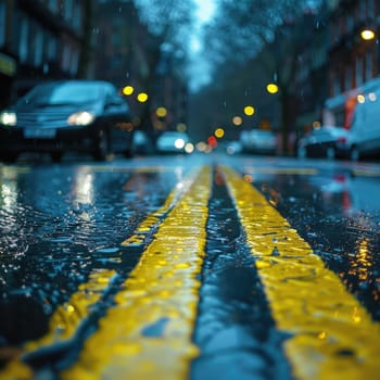 A wet street with a bright yellow line painted down the center, reflecting the surrounding lights.