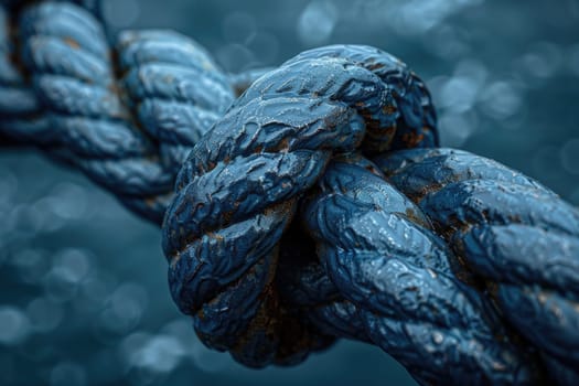 Detailed view of a rope with water in the background, emphasizing texture and contrast.