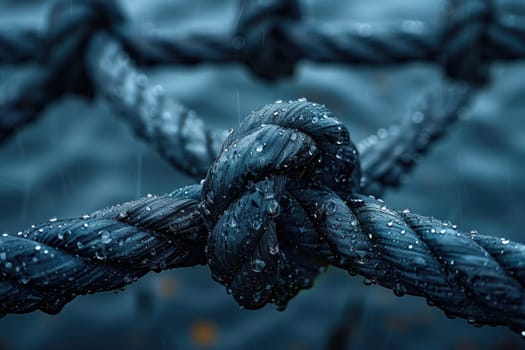 Detailed view of a rope with water droplets on it, showcasing intricate details and textures.