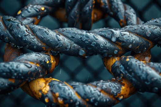 Close-up view of a chain link covered in droplets of water, showcasing a detailed texture and reflections.