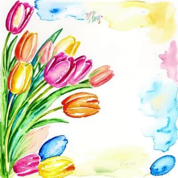 Holiday celebration banner with colorful tulips, spring flowers and colorful decorated Easter eggs on light background. Happy Easter greeting card, banner, festive background. Close up, Copy space