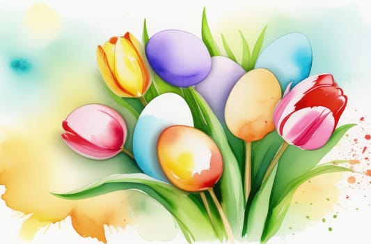 Holiday celebration banner with colorful tulips, spring flowers and colorful decorated Easter eggs on light background. Happy Easter greeting card, banner, festive background. Close up, Copy space