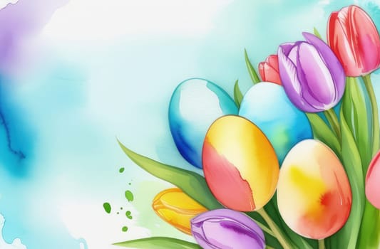 Holiday celebration banner with colorful tulips, spring flowers and colorful decorated Easter eggs on light background. Happy Easter greeting card, banner, festive background. Close up, Copy space