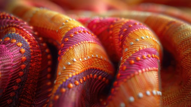 Detailed view of a bright and colorful piece of cloth, showcasing intricate patterns and textures up close.