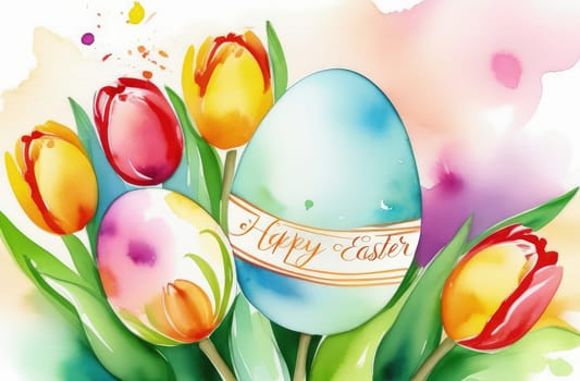 Holiday celebration banner with colorful tulips, spring flowers and colorful decorated Easter eggs on light background. Happy Easter greeting card, banner, festive background. Close up, Copy space