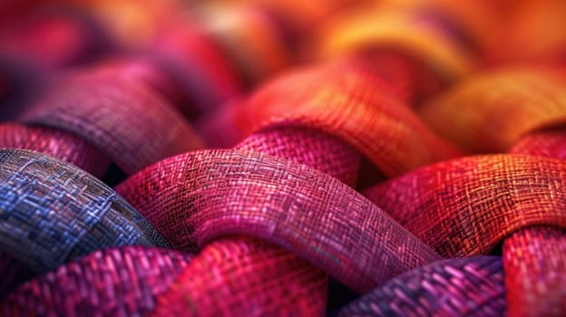 Detailed view of assorted yarn fibers tightly bundled together.