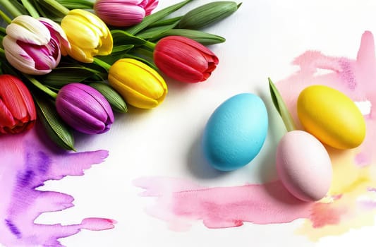Holiday celebration banner with colorful tulips, spring flowers and colorful decorated Easter eggs on light background. Happy Easter greeting card, banner, festive background. Close up, Copy space