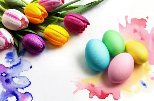 Holiday celebration banner with colorful tulips, spring flowers and colorful decorated Easter eggs on light background. Happy Easter greeting card, banner, festive background. Close up, Copy space