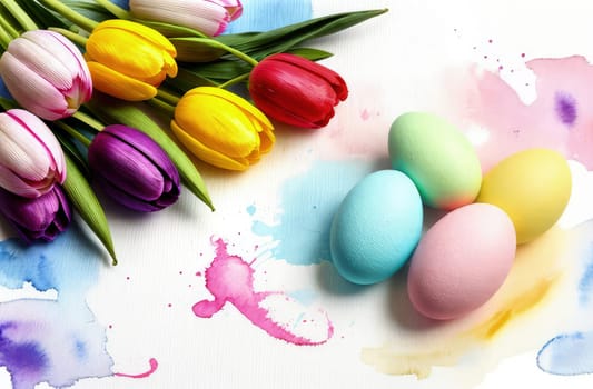 Holiday celebration banner with colorful tulips, spring flowers and colorful decorated Easter eggs on light background. Happy Easter greeting card, banner, festive background. Close up, Copy space