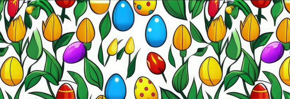 Holiday celebration banner with cute Easter decorated eggs and spring flowers on green spring meadow. Flowers in landscape. Happy Easter greeting card, banner, festive background.Copy space