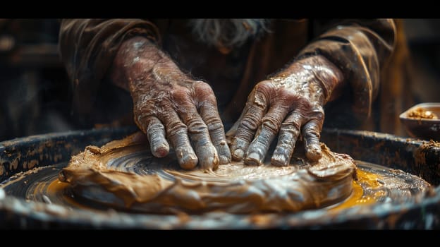 A detailed view of an individuals hands covered in dirt and grime.