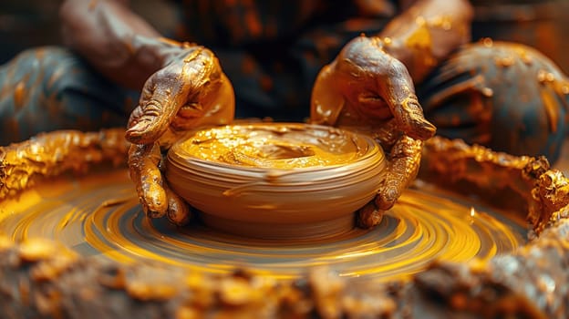 Detailed close-up of a pottery bowl with two hands placed on it.