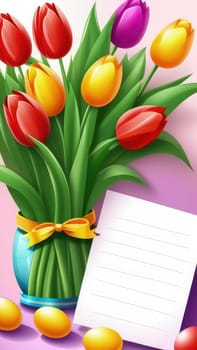 Holiday celebration banner with colorful tulips, spring flowers and colorful decorated Easter eggs on light background. Happy Easter greeting card, banner, festive background. Close up, Copy space