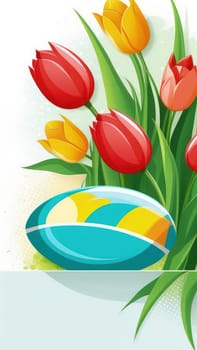 Holiday celebration banner with colorful tulips, spring flowers and colorful decorated Easter eggs on light background. Happy Easter greeting card, banner, festive background. Close up, Copy space