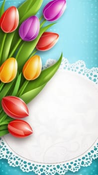 Holiday celebration banner with colorful tulips, spring flowers and colorful decorated Easter eggs on light background. Happy Easter greeting card, banner, festive background. Close up, Copy space