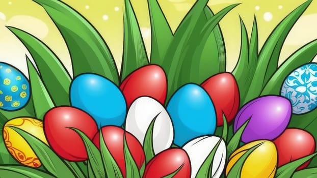 Holiday celebration banner with cute Easter decorated eggs and spring flowers on green spring meadow. Flowers in landscape. Happy Easter greeting card, banner, festive background.Copy space