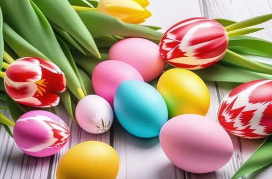 Holiday celebration banner with colorful tulips, spring flowers and colorful decorated Easter eggs on light background. Happy Easter greeting card, banner, festive background. Close up, Copy space