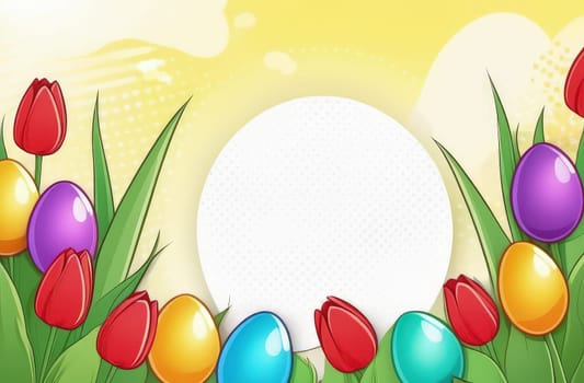 Holiday celebration banner with colorful tulips, spring flowers and colorful decorated Easter eggs on light background. Happy Easter greeting card, banner, festive background. Close up, Copy space