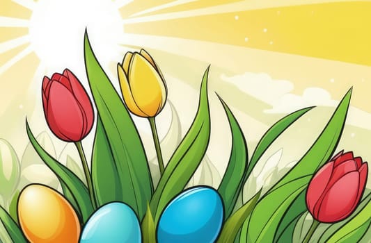 Holiday celebration banner with colorful tulips, spring flowers and colorful decorated Easter eggs on light background. Happy Easter greeting card, banner, festive background. Close up, Copy space