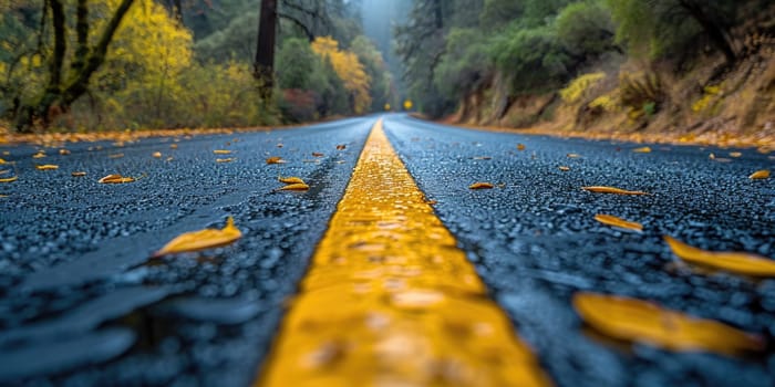 A wet road glistens amidst dense trees in a forest.