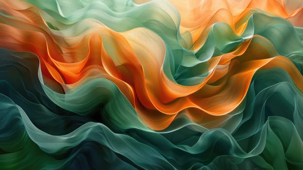 An abstract painting featuring a wave-like pattern in vibrant shades of orange, green, and yellow.