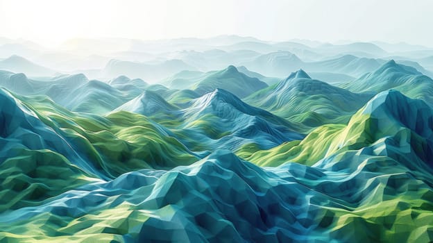 A hyper-realistic painting of a detailed mountain range set against a sky background.