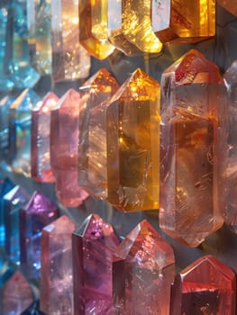 Various colored crystals hanging in an array on a wall, creating a vibrant and eye-catching display.