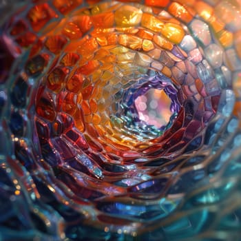 Detailed view of a colorful glass object showcasing intricate patterns and bright hues.