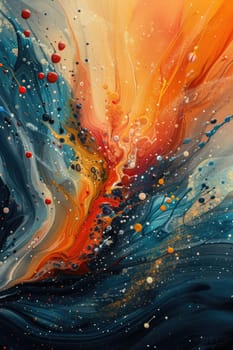 A vibrant abstract painting showcasing a blend of blue, orange, and yellow colors in dynamic patterns and shapes.