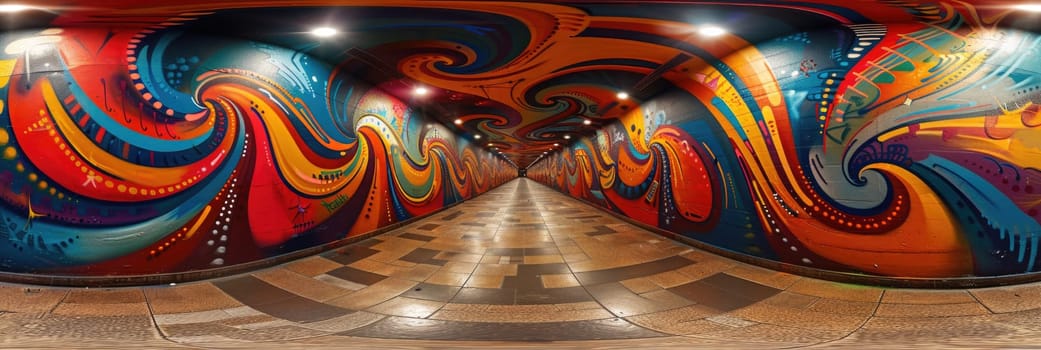 A colorful hallway featuring a striking and detailed mural covering one of the walls.