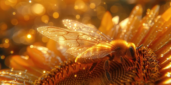 A bee is seen up close, pollinating a colorful flower in detail.