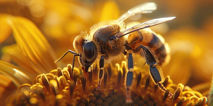 Close up view of a bee collecting nectar on a flower, showing intricate details of the bee and the petals.