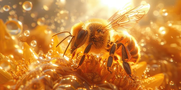 Close up of a bee gathering pollen from a vibrant flower in nature.