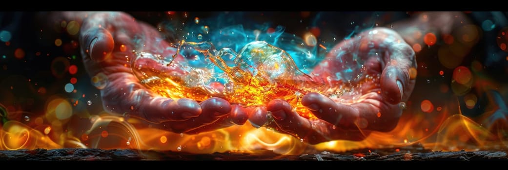 A painting showcasing two hands positioned in a gesture in front of a fiery background, creating a dynamic and intense visual contrast.