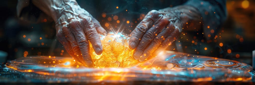 A man is diligently working on a piece of glass, focusing on intricate details.