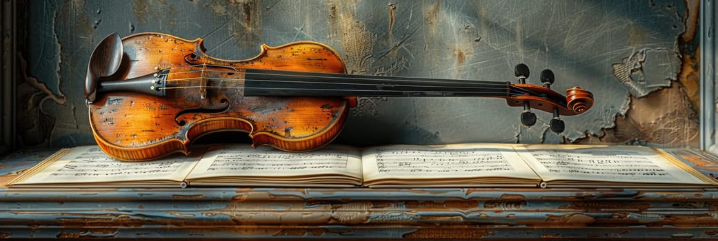 A violin is perched on top of an open book, creating a harmonious display of music and literature.