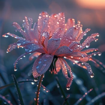 A close-up view of a pink flower with water droplets resting on its petals, glistening under the light.