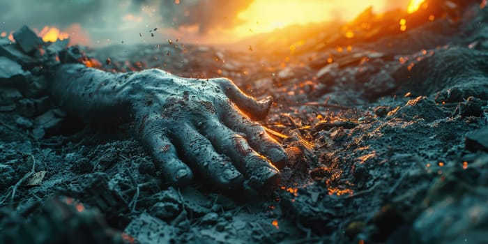 A persons hand covered in dirt is shown in front of a blazing fire.