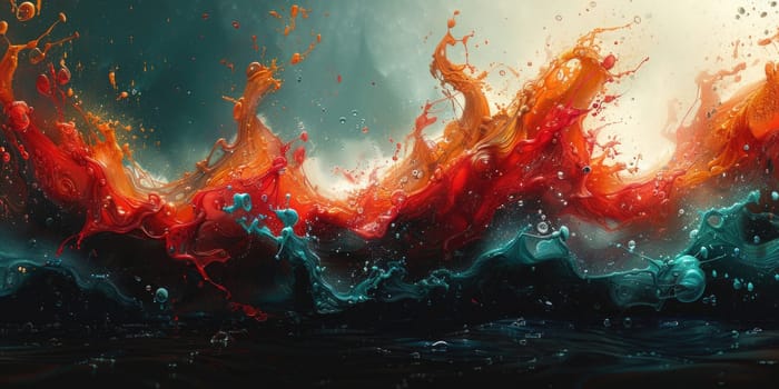 A hyper-realistic 3D illustration of a red and blue wave crashing on a shore.