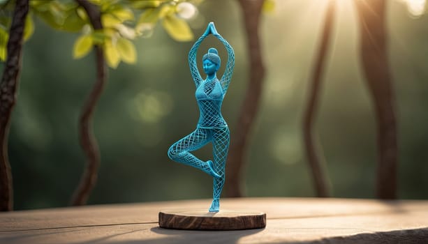 Woman in yoga pose, bent wire figure on nature backdrop, Creative figures symbol of tranquility, art and serenity intersection