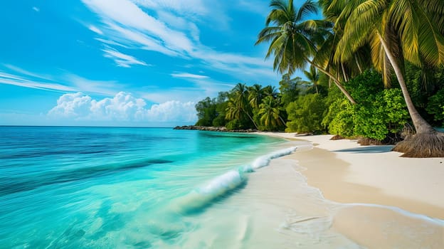 tropical beach view at sunny day with white sand, turquoise water and palm tree. Neural network generated image. Not based on any actual scene or pattern.