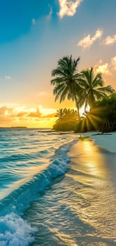 tropical beach view at sunset or sunrise with white sand, turquoise water and palm trees. Neural network generated image. Not based on any actual scene or pattern.