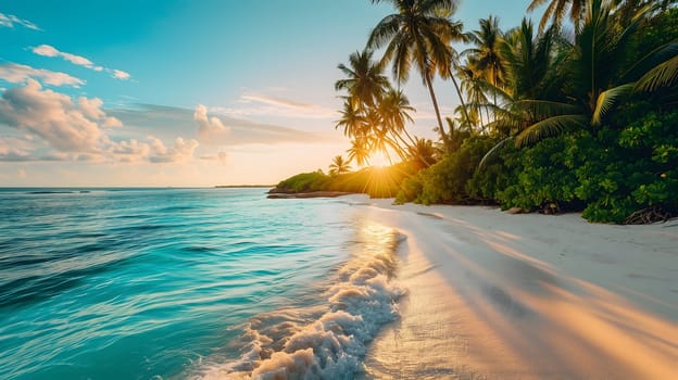 tropical beach view at sunset or sunrise with white sand, turquoise water and palm trees. Neural network generated image. Not based on any actual scene or pattern.