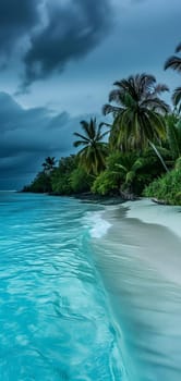 tropical beach view at cloudy stormy night with white sand, turquoise water and palm trees. Neural network generated image. Not based on any actual scene or pattern.